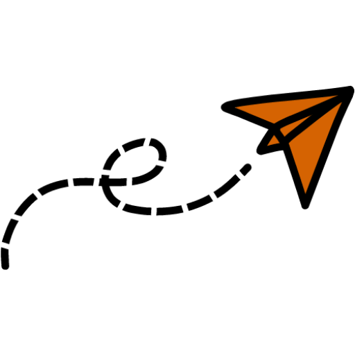 Orange paper plane graphic with dashed line trail