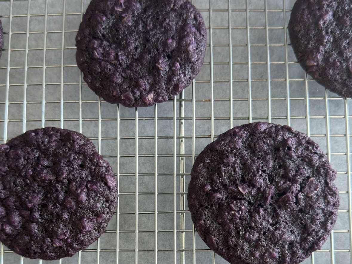 Ube oatmeal cookies on cooling rack