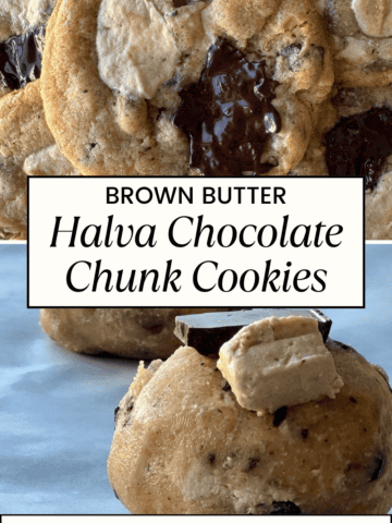 Brown Butter Halva Chocolate Chunk Cookies in the top half and the dough balls in the bottom half