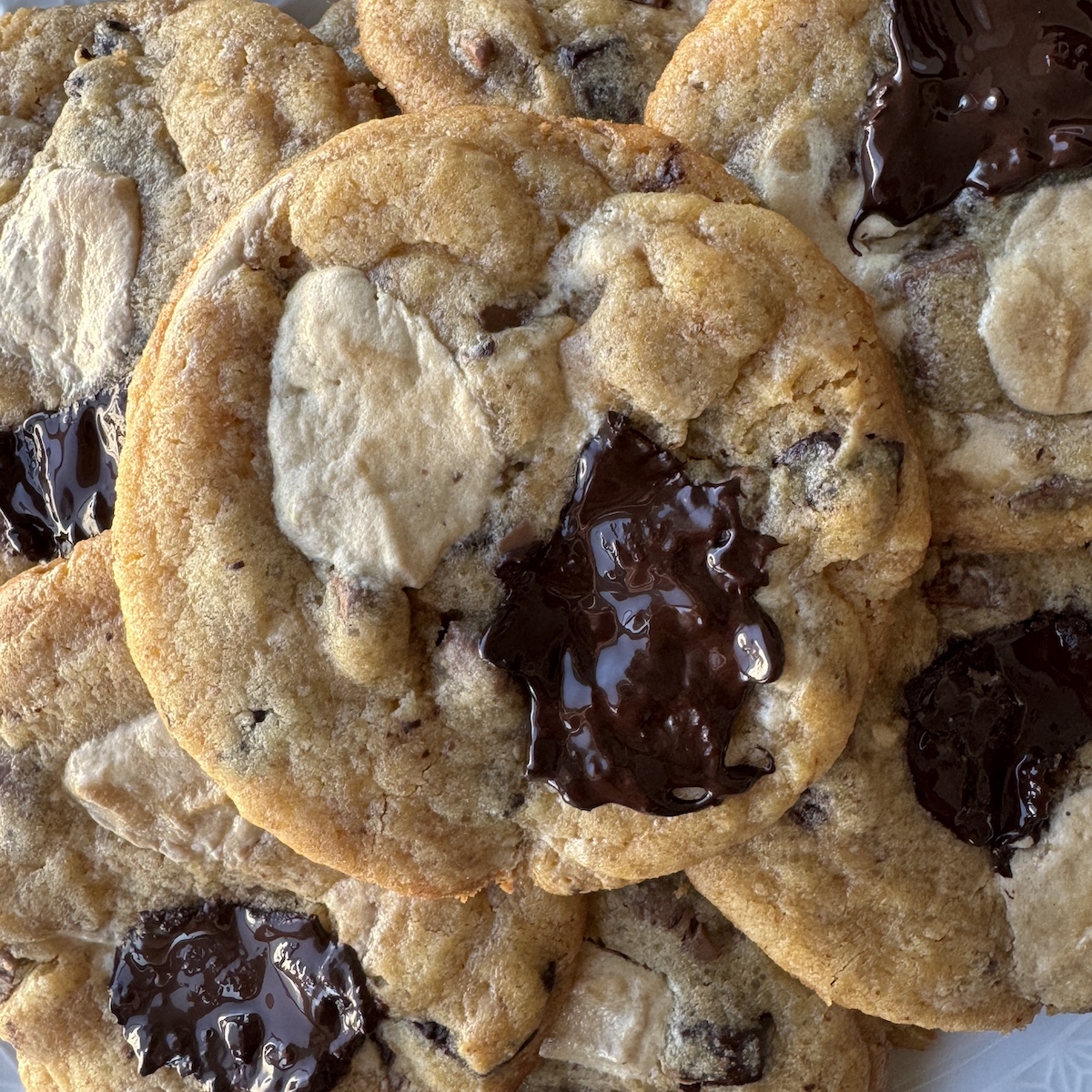 Brown Butter Halva Chocolate Chunk Cookies in a pile