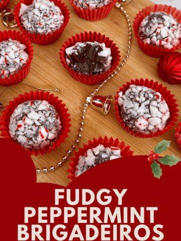 Fudgy Peppermint Brigadeiros (Brazilian Truffles) in red candy cups with holiday items