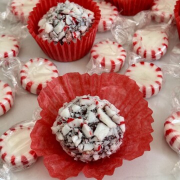Peppermint fudge on red paper cups surrounded by peppermint candy