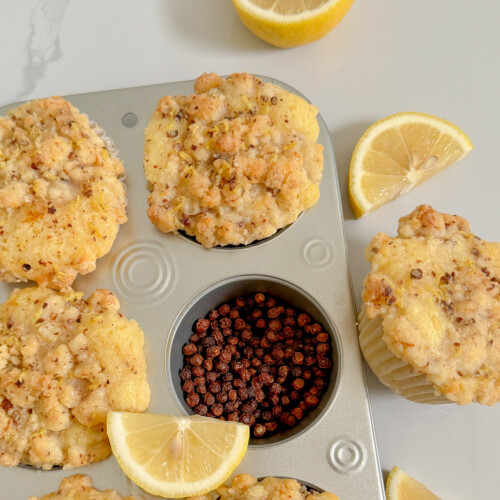 Glazed lemon muffins with streusel in muffin pan